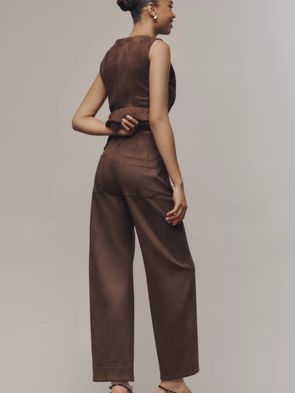 Anthropologie Maeve Colette Faux-Suede High-Rise Wide-Leg Cropped Pants BARK - Picture 4 of 4